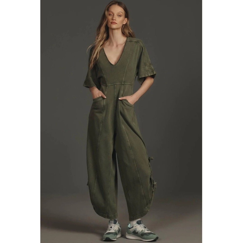 Anthropologie Daily Practice Olive Utility Jumpsuit Barrel Wide Leg Ties Pockets
